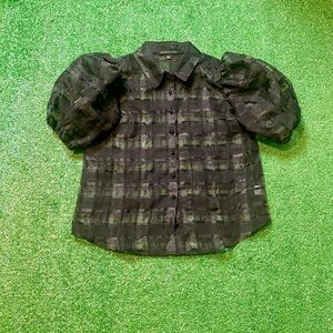 Haute Monde Black Checkered Puff Sleeve Blouse